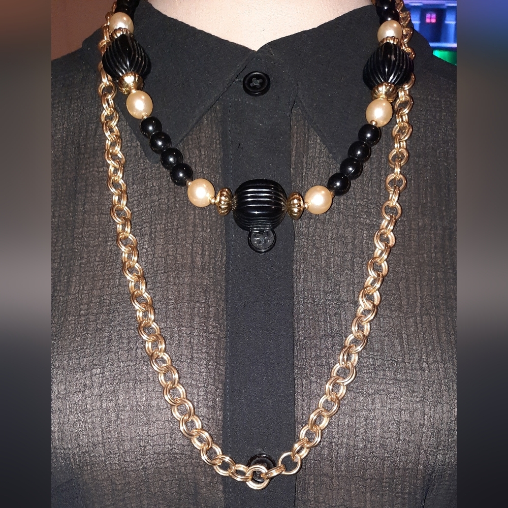 Two necklaces faux pearl goldtone bead acrylic beads and double link chain